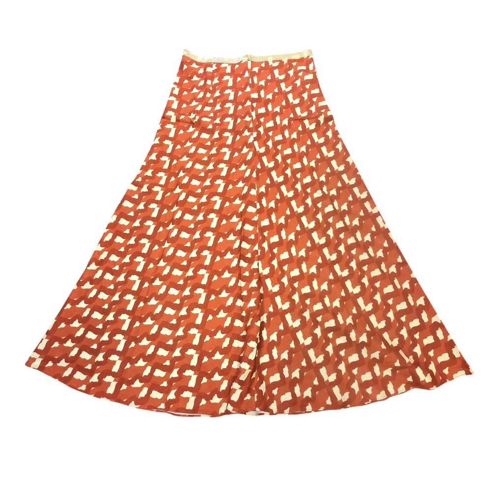 Zara Maxi Skirt Women's L Rust Orange Geometric Print Linen Blend Beaded Trim